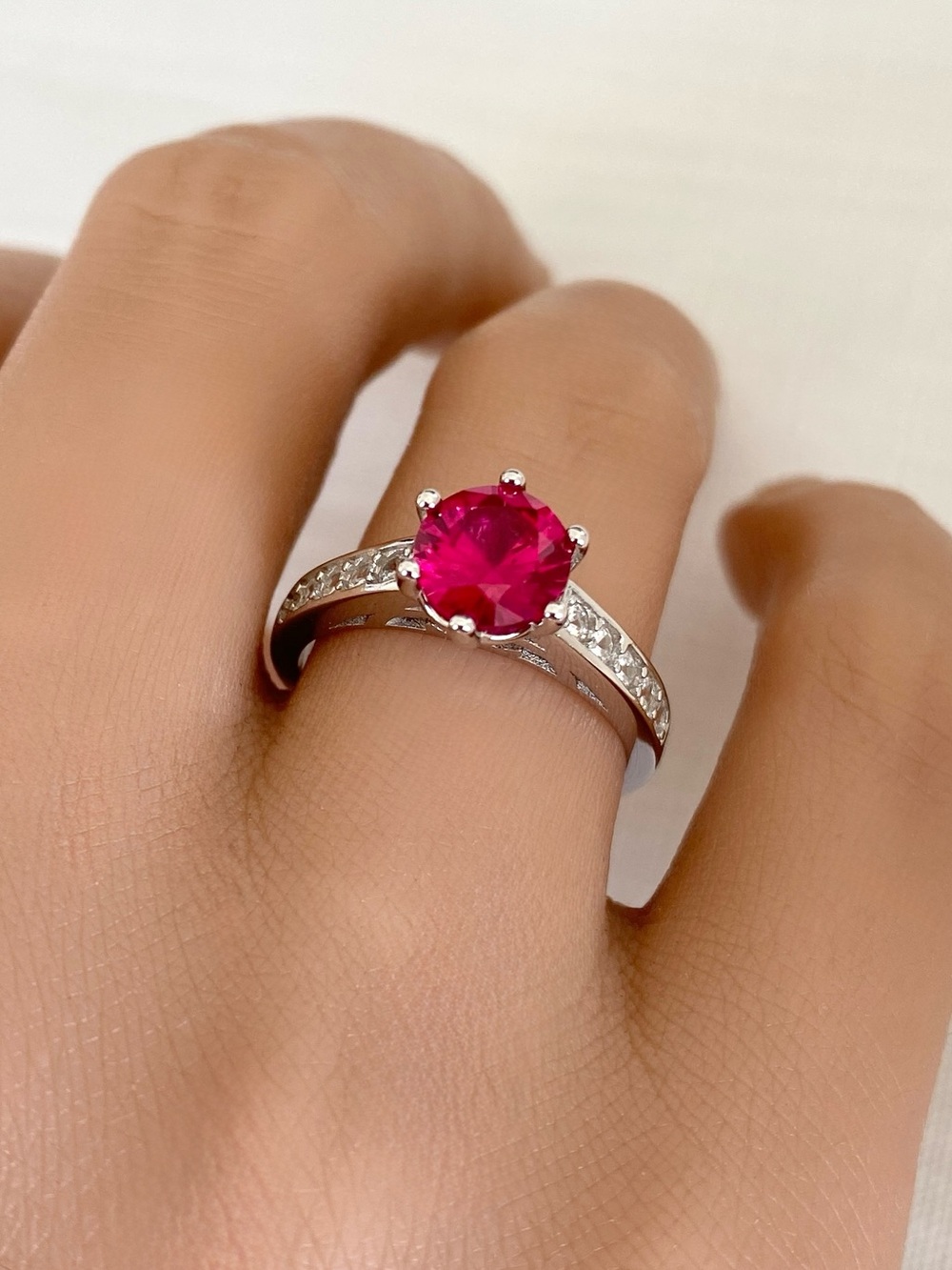 Round Pink Ruby 925 Sterling Silver CZ Classic Women’s Engagement Wedding Ring